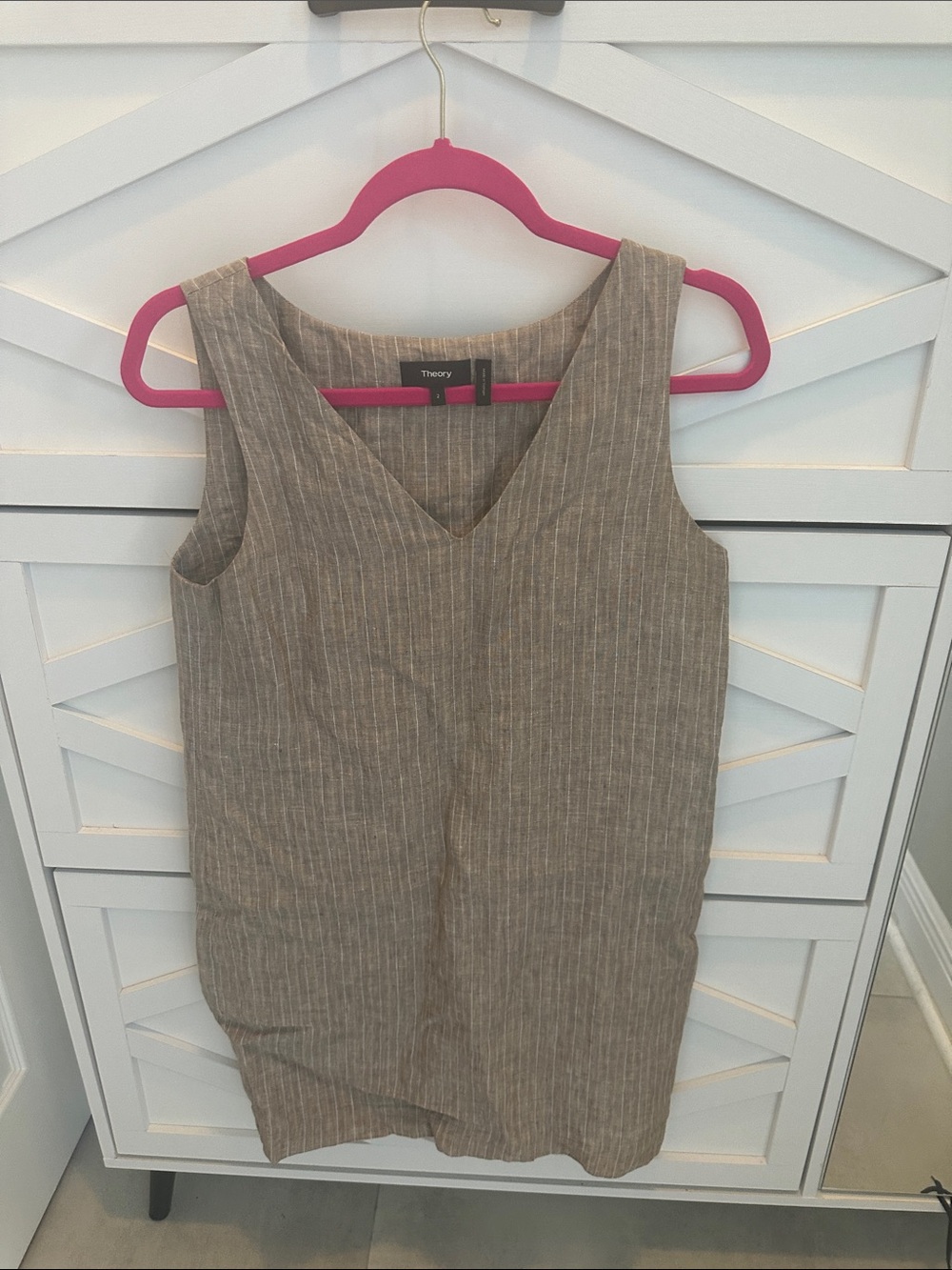 Theory Sleeveless V-Neck Striped Linen-Blend Mini Dress in Taupe